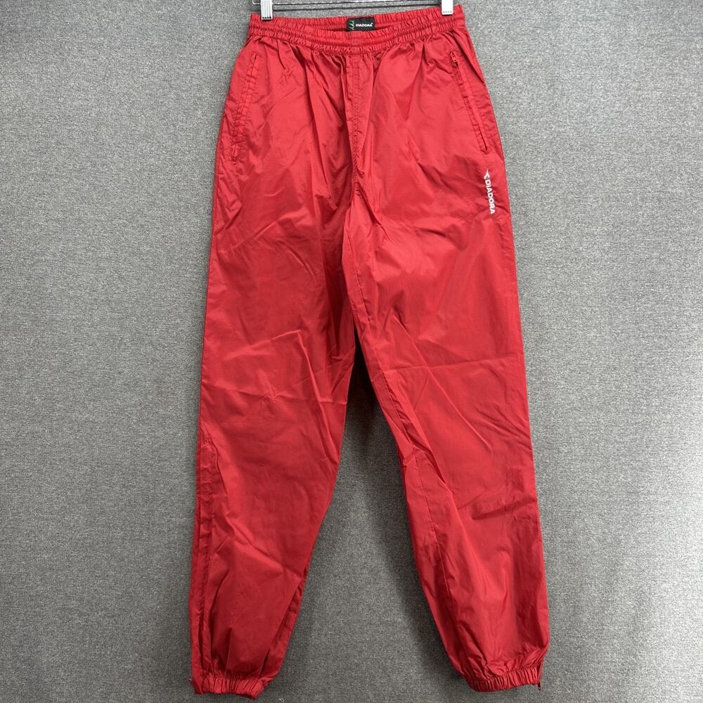 Vintage Diadora Mens Small Red Nylon Track Pants Elastic Waist Zip Ankle Warm Up